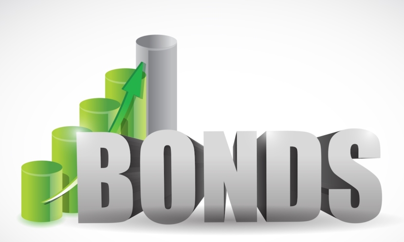 Schriftzug Bonds mit Saeulendiagramm und Kurvenverlauf