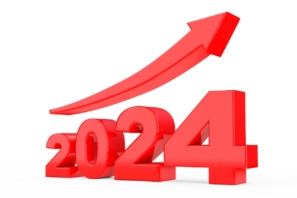 Fortschrittspfeil im neuen Jahr 2024 auf weißem Hintergrund. 3D-Darstellung