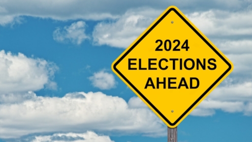 Schild mit der Aufschrift "2024 Elections Ahead"