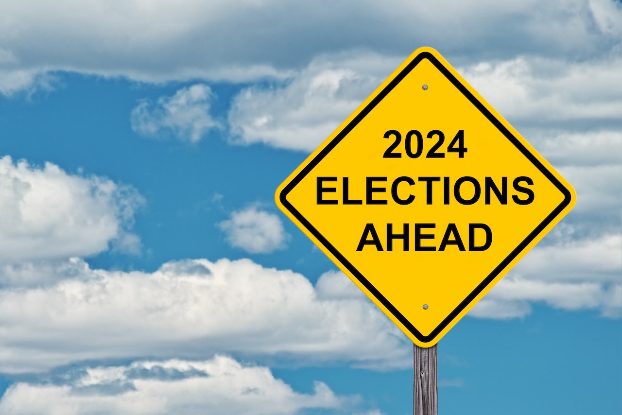 Schild mit der Aufschrift "2024 Elections Ahead"