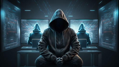 Vermummter Hacker vor dem Computerbildschirm mit Binärcode Generative KI