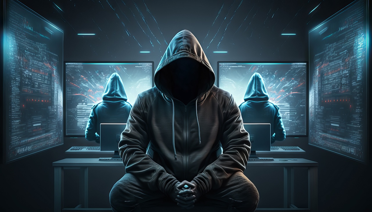 Vermummter Hacker vor dem Computerbildschirm mit Binärcode Generative KI