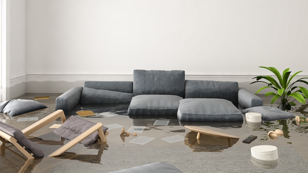 Überschwemmte Wohnung. 3D-Darstellung