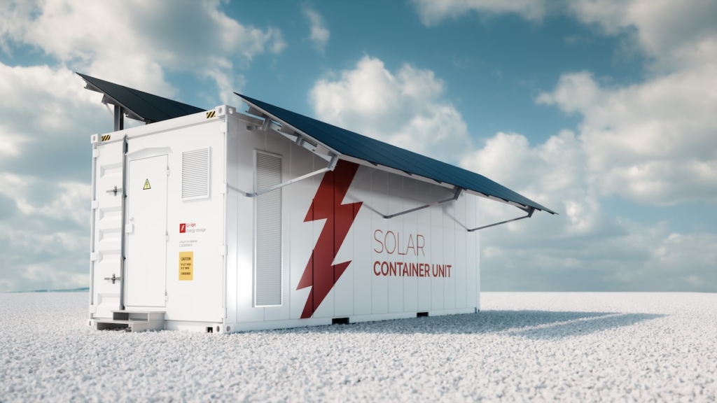 Konzept eines weißen industriellen Batterie-Energiespeichercontainers mit montierten schwarzen Sonnenkollektoren