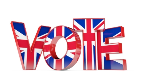 Wahlwort aus Union Jack Flagge Schriftzug. 3D-Darstellung