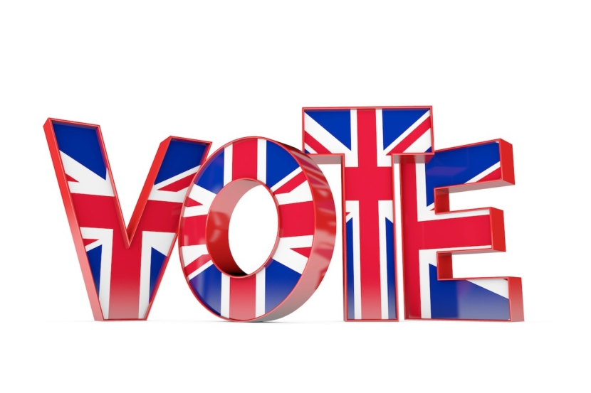 Wahlwort aus Union Jack Flagge Schriftzug. 3D-Darstellung