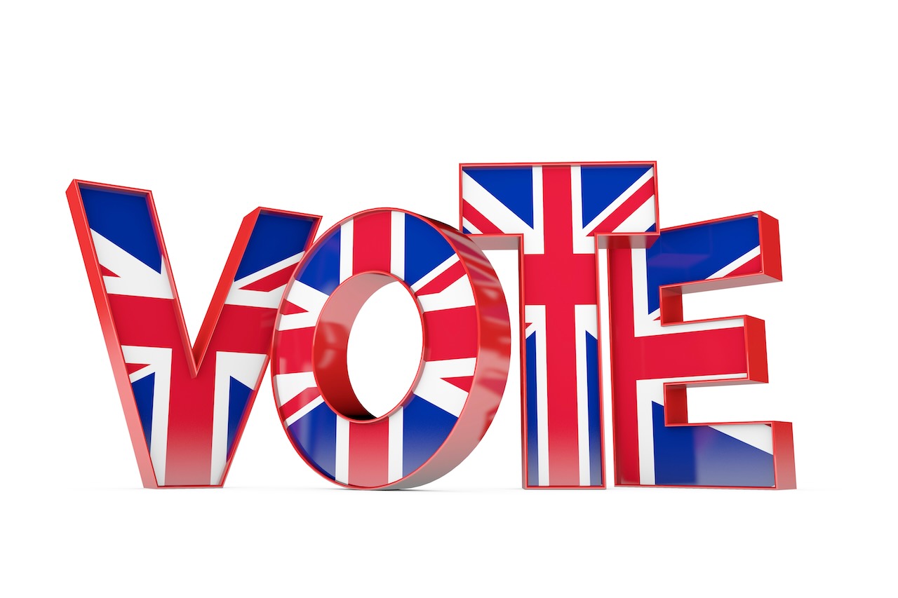 Wahlwort aus Union Jack Flagge Schriftzug. 3D-Darstellung