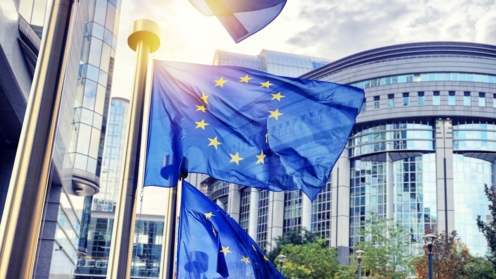 EU-Flaggen wehen vor dem Europäischen Parlament