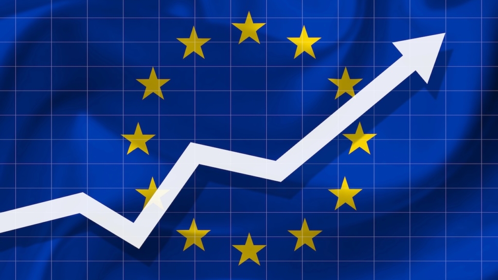 weißer Pfeil auf dem Hintergrund der Flagge der Europäischen Union.