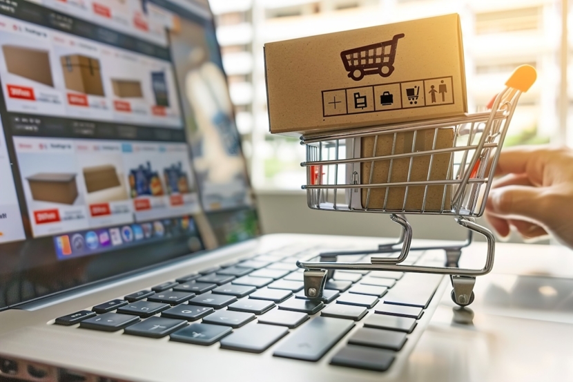 Online shopping on laptop: Person browsing products on a laptop for e-commerce