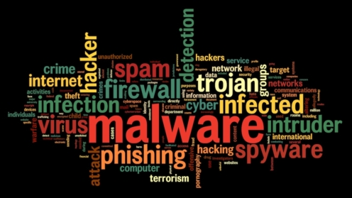 Malware concept in word tag cloud on black background, Cyberattacke, Malware, Cybercrime