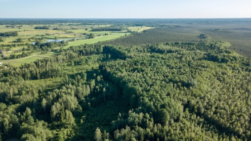 luftaufnahme einer ländlichen gegend mit feldern und wäldern an einem bewölkten frühlingstag. lettland