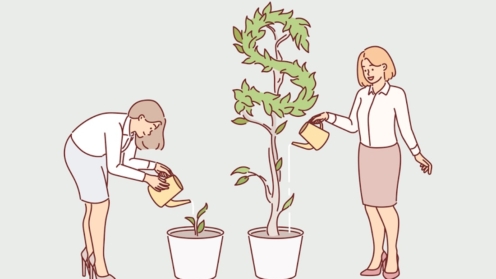 Geschäftsfrauen, die Pflanzen gießen, erzielen unterschiedliche Ergebnisse in Form von Bargeldgewinnen und Dividenden aus Investitionen. Dank der Investitionen wächst ein Baum in Form eines Dollars aus dem Blumentopf.