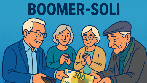 Boomer-Soli, Comic, Wohlhabende geben Geld an Bedürftige