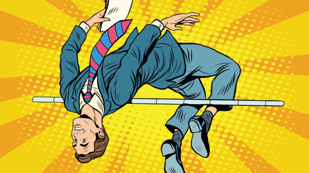 Geschäftsmann Hochsprung Pop-Art Retro-Stil. Sport und Wirtschaft. Erfolg, Leistung, Sieg.