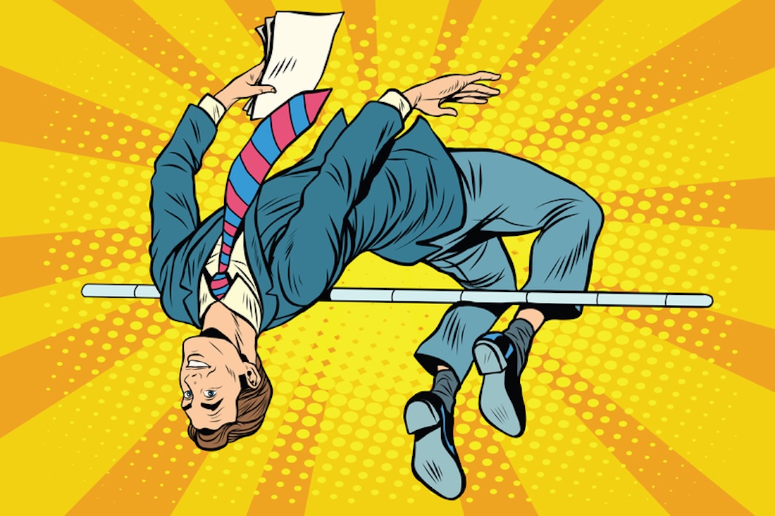 Geschäftsmann Hochsprung Pop-Art Retro-Stil. Sport und Wirtschaft. Erfolg, Leistung, Sieg.