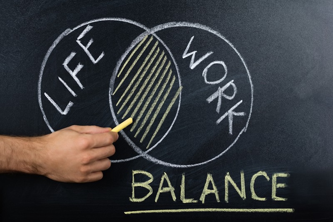 Nahaufnahme einer Hand, die das Konzept der Work-Life-Balance auf einer Tafel zeigt