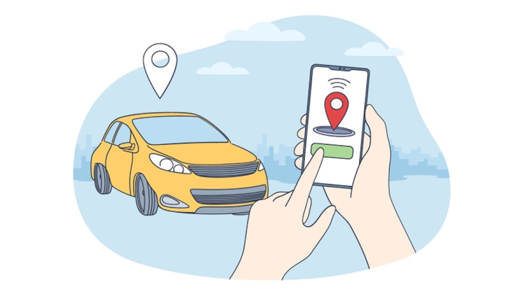 Car-Sharing und Online-Anwendungskonzept. Menschliche Hände halten ein Smartphone mit einer Anwendung für einen autonomen, drahtlosen Park-Fernbedienungs-Car-Sharing