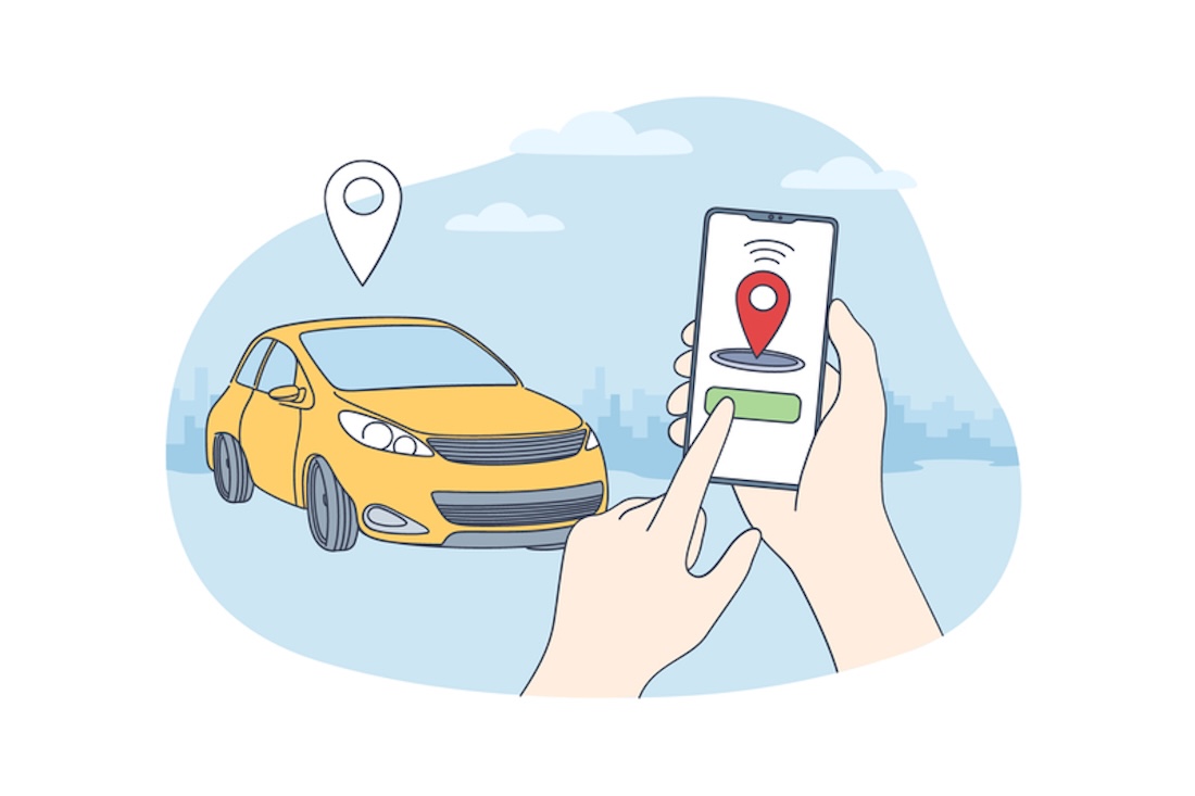 Car-Sharing und Online-Anwendungskonzept. Menschliche Hände halten ein Smartphone mit einer Anwendung für einen autonomen, drahtlosen Park-Fernbedienungs-Car-Sharing