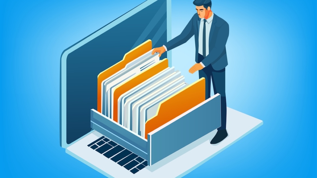 Illustration eines Geschäftsmannes, der in einem digitalen Ordner auf einem Laptop nach einer Datei sucht.