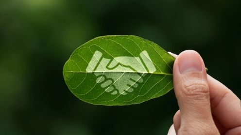 Nachhaltigkeit, ESG, ine menschliche Hand hält ein grün bemaltes Blatt mit einem Handschlag-Symbol, Umwelt, Soziales und Unternehmensführung (ESG), Zusammenarbeit von Organisationen zur Verhinderung des Klimawandels, nachhaltige Erde.