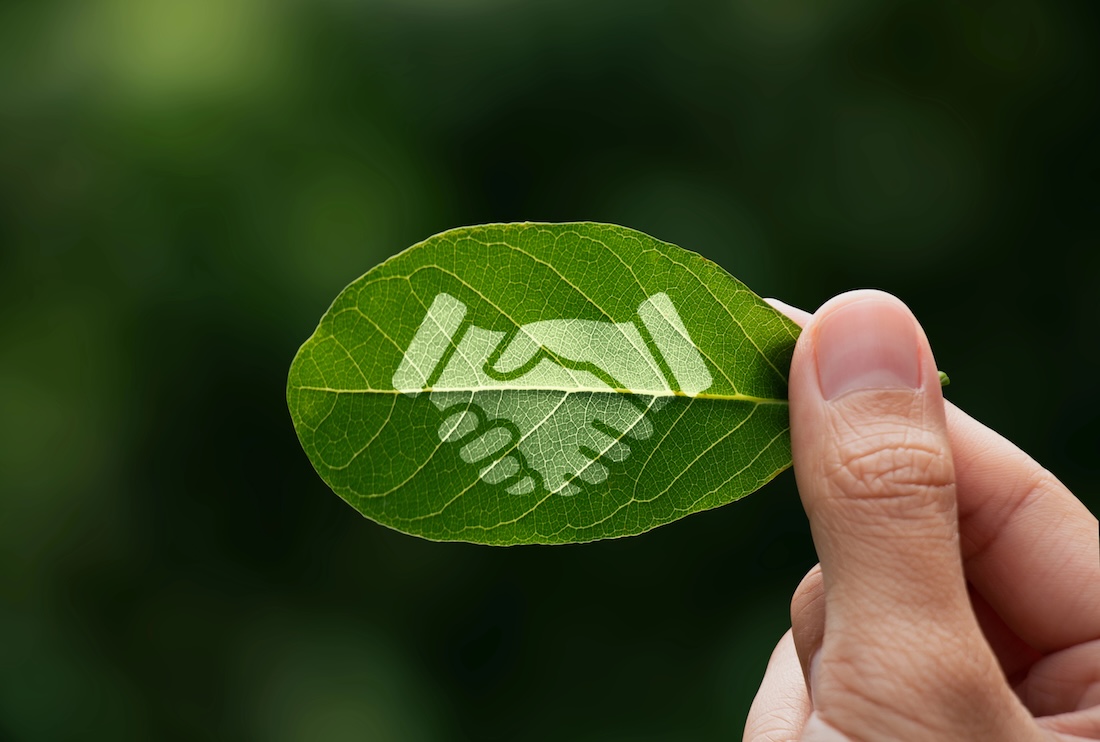 Nachhaltigkeit, ESG, ine menschliche Hand hält ein grün bemaltes Blatt mit einem Handschlag-Symbol, Umwelt, Soziales und Unternehmensführung (ESG), Zusammenarbeit von Organisationen zur Verhinderung des Klimawandels, nachhaltige Erde.