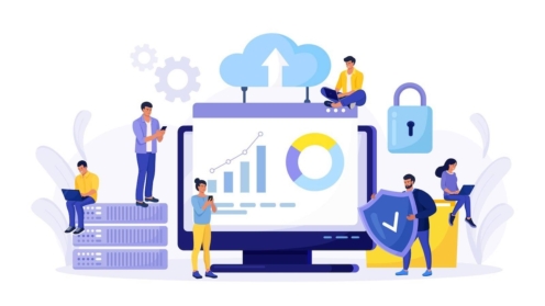 IT-Spezialisten verwalten Cloud-Dienste, Datenspeicherung. Hosting-Plattform. Verarbeitung und Übertragung von Big Data. Online-Computing-Technologie. Softwarelösungen zum Austausch von Informationen in digitalen Netzwerken.