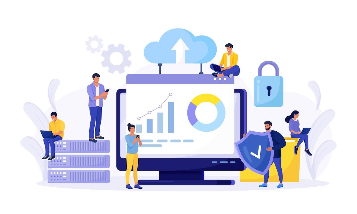 IT-Spezialisten verwalten Cloud-Dienste, Datenspeicherung. Hosting-Plattform. Verarbeitung und Übertragung von Big Data. Online-Computing-Technologie. Softwarelösungen zum Austausch von Informationen in digitalen Netzwerken.