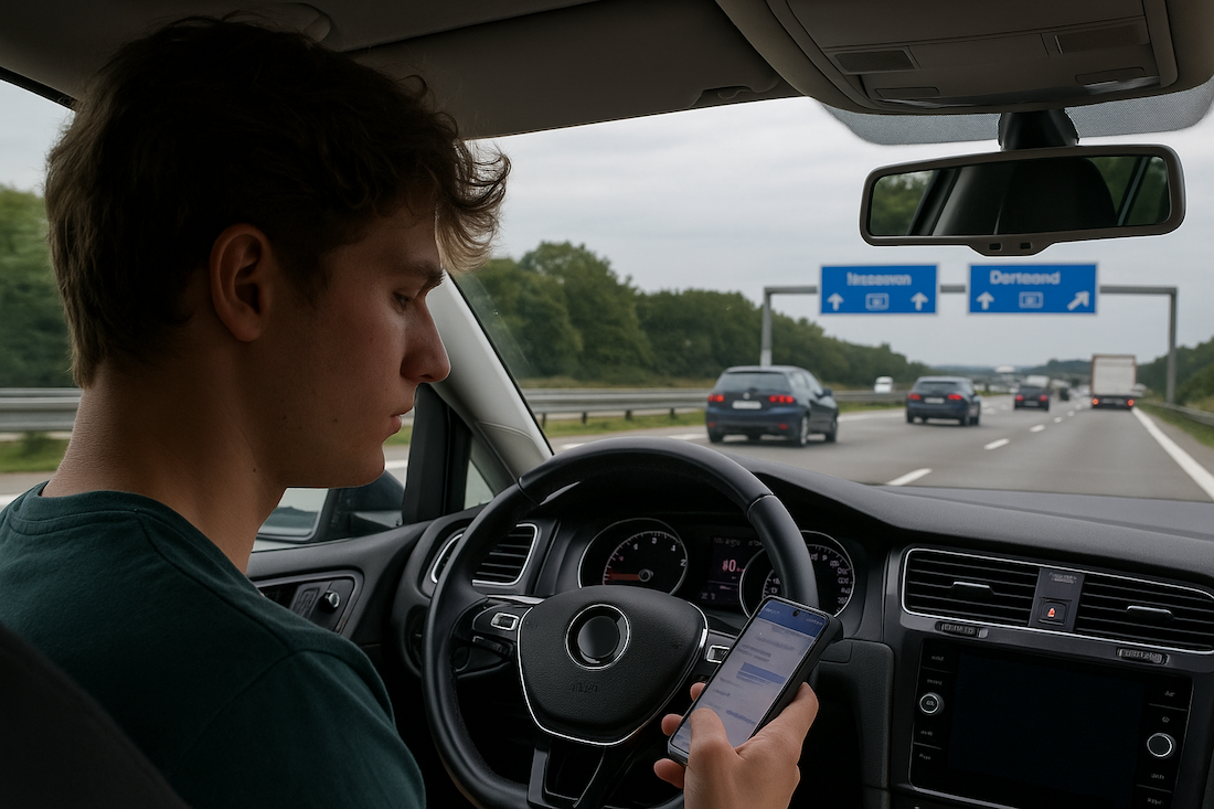 Junger Autofahrer wird abgelenkt, Ablenkungsstudie der DA Direkt
