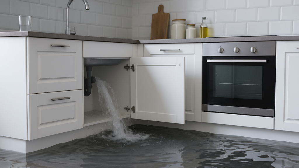 Leitungswasserschaden, Defekte Leitung in einer Küche, Wohngebäudeversicherung