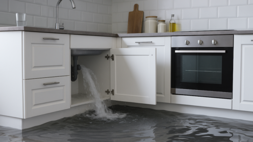Leitungswasserschaden, Defekte Leitung in einer Küche, Wohngebäudeversicherung