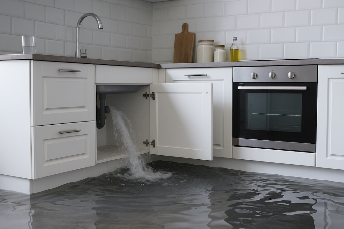 Leitungswasserschaden, Defekte Leitung in einer Küche, Wohngebäudeversicherung