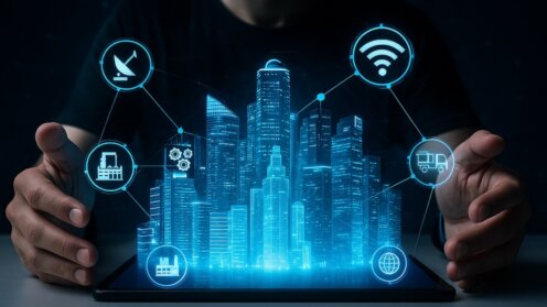 AI generated futuristic smart city emerging from digital tablet surrounded by glowing icons representing wireless control logistics connectivity and AI driven urban infrastructure