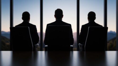 Illustration einer Sitzung des Verwaltungsrats mit drei Silhouetten von Personen in einer Unternehmensumgebung bei Sonnenuntergang, Recht & Steuern, Aufsichtsräte