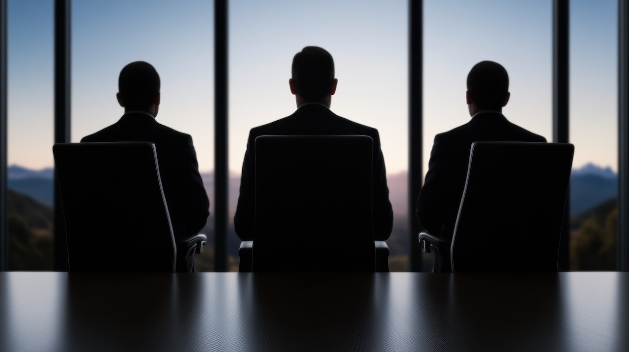 Illustration einer Sitzung des Verwaltungsrats mit drei Silhouetten von Personen in einer Unternehmensumgebung bei Sonnenuntergang, Recht & Steuern, Aufsichtsräte