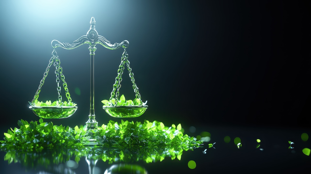 Eine elegante juristische Waage, umgeben von üppigem Grün und vor einem dunklen, spiegelnden Hintergrund, symbolisiert Umweltrecht und unternehmerische Verantwortung – ideal, um ökologische Fairness und nachhaltige Geschäftspraktiken zu präsentieren.