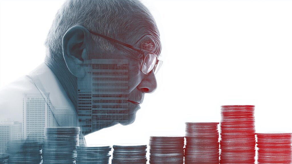 Rente, Alterseinkommen, Asiatische Person blickt auf Münztürme, Altersarmut