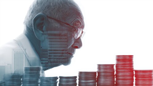 Rente, Alterseinkommen, Asiatische Person blickt auf Münztürme, Altersarmut