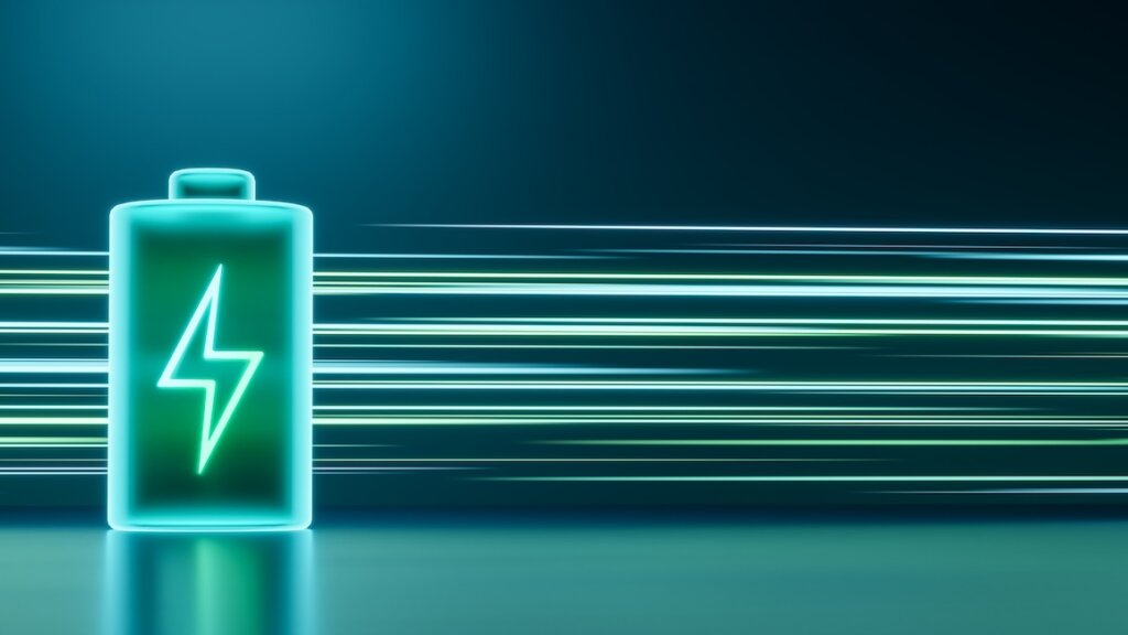 Leuchtend grüne, neonfarbene, futuristische Energiespeicher, wiederaufladbare Lithium-Ionen-Akkus mit hoher Kapazität, 3D-Rendering einer Lichtspur – ein Konzept für die saubere Energietechnologie zukünftiger Elektrofahrzeuge