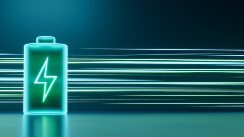 Leuchtend grüne, neonfarbene, futuristische Energiespeicher, wiederaufladbare Lithium-Ionen-Akkus mit hoher Kapazität, 3D-Rendering einer Lichtspur – ein Konzept für die saubere Energietechnologie zukünftiger Elektrofahrzeuge