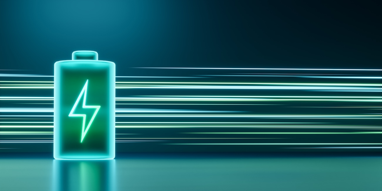 Leuchtend grüne, neonfarbene, futuristische Energiespeicher, wiederaufladbare Lithium-Ionen-Akkus mit hoher Kapazität, 3D-Rendering einer Lichtspur – ein Konzept für die saubere Energietechnologie zukünftiger Elektrofahrzeuge