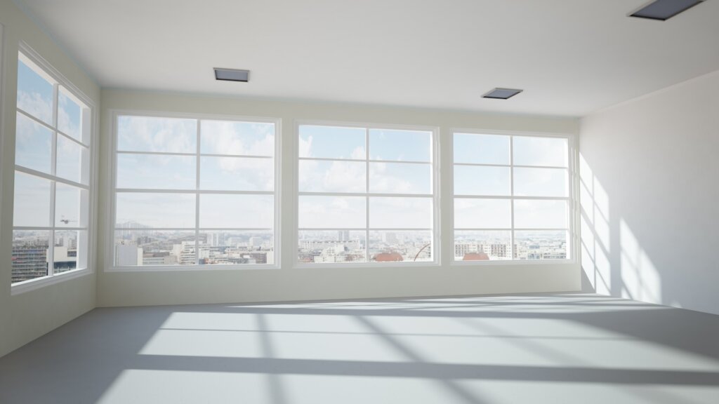 Leerstehendes Büro mit Blick über eine Stadt