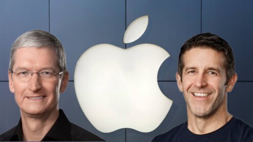 Tim Cook und John Ternus vor eine Apple-Logo