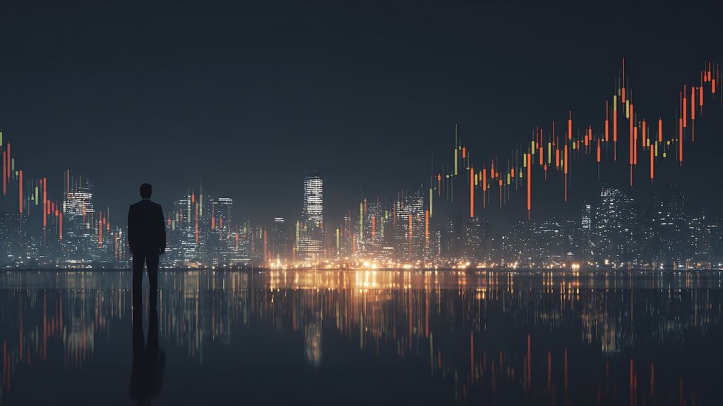 Ein Mann in Silhouette steht vor einer Stadtlandschaft und einem leuchtenden Finanzdaten-Diagramm.