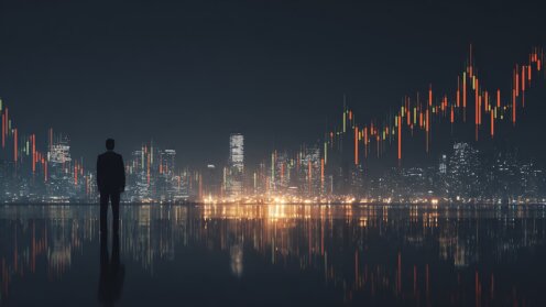 Ein Mann in Silhouette steht vor einer Stadtlandschaft und einem leuchtenden Finanzdaten-Diagramm.