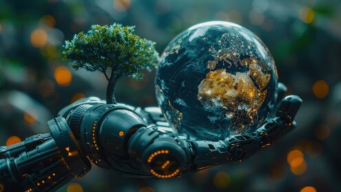 Erdkugel aus Kristallglas und Baum in Roboterhand