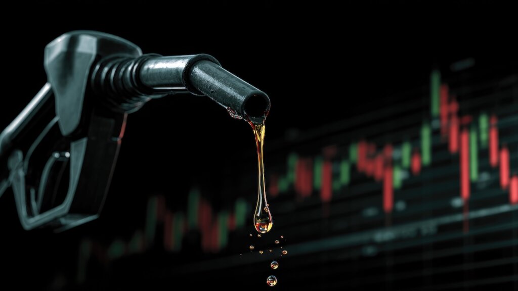 Öl tropft aus Tankhahn vor Bildschirm mit Aktienkursen.