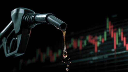 Öl tropft aus Tankhahn vor Bildschirm mit Aktienkursen.