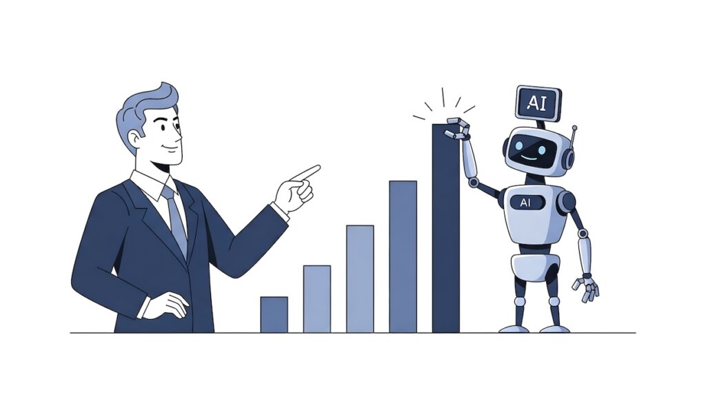 Illustration zum Konzept von KI-Datenanalyse und Unternehmenswachstum mit einem Roboter, der ein Gewinn-Balkendiagramm für eine Präsentationsgrafik zum finanziellen Erfolg optimiert.