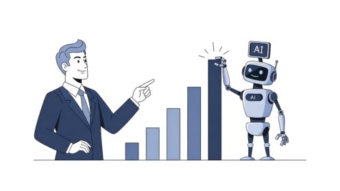 Illustration zum Konzept von KI-Datenanalyse und Unternehmenswachstum mit einem Roboter, der ein Gewinn-Balkendiagramm für eine Präsentationsgrafik zum finanziellen Erfolg optimiert.